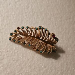 Goldtone Leaf Brooch with Turquoise and Pink Stones
